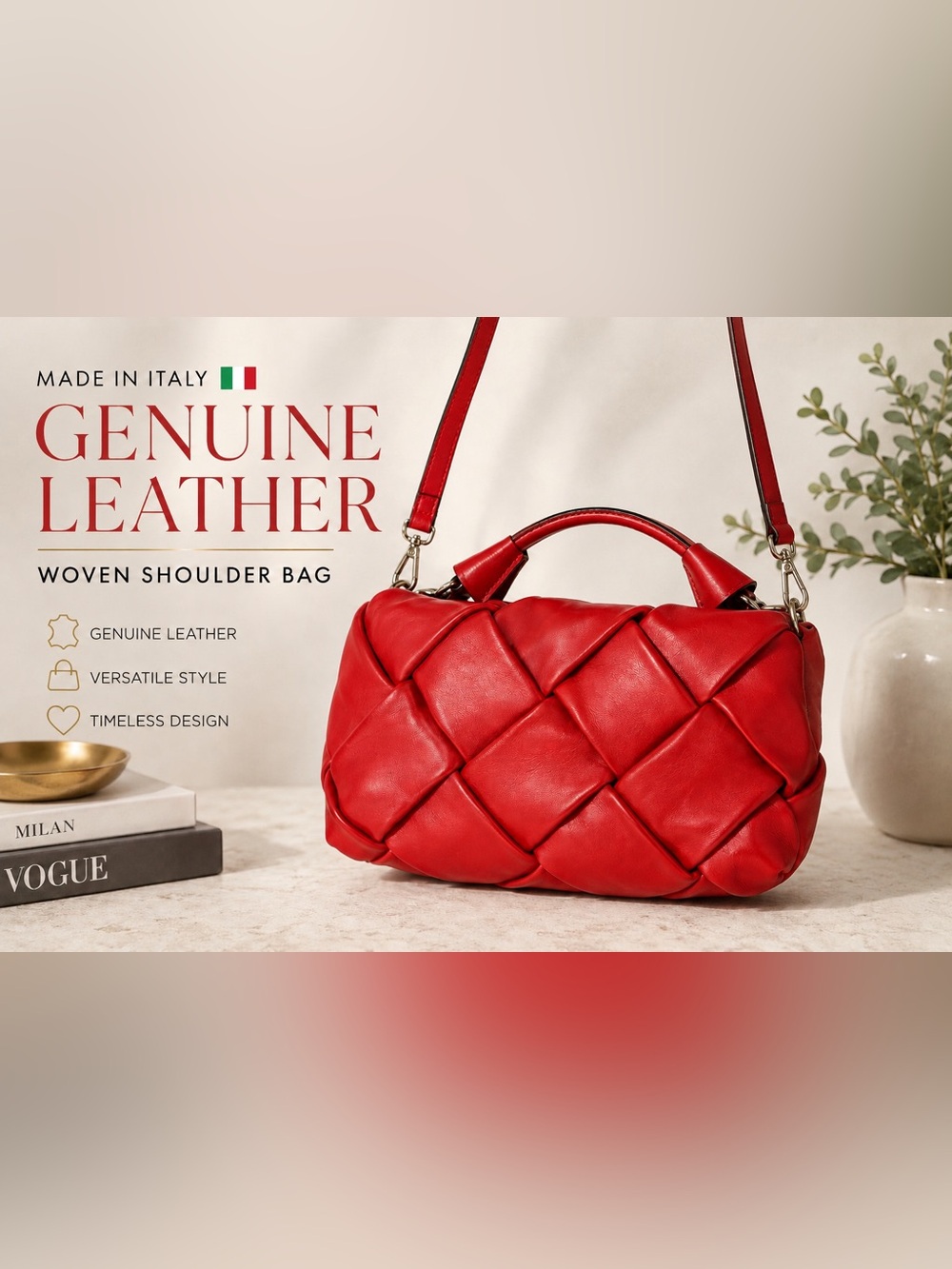 Italian Leather Red Woven Bag Y2K Quiet Luxury Designer Inspired